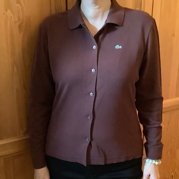 Brown Lacoste Long Sleeve Button Polo Sz 42 - Picture 1 of 7